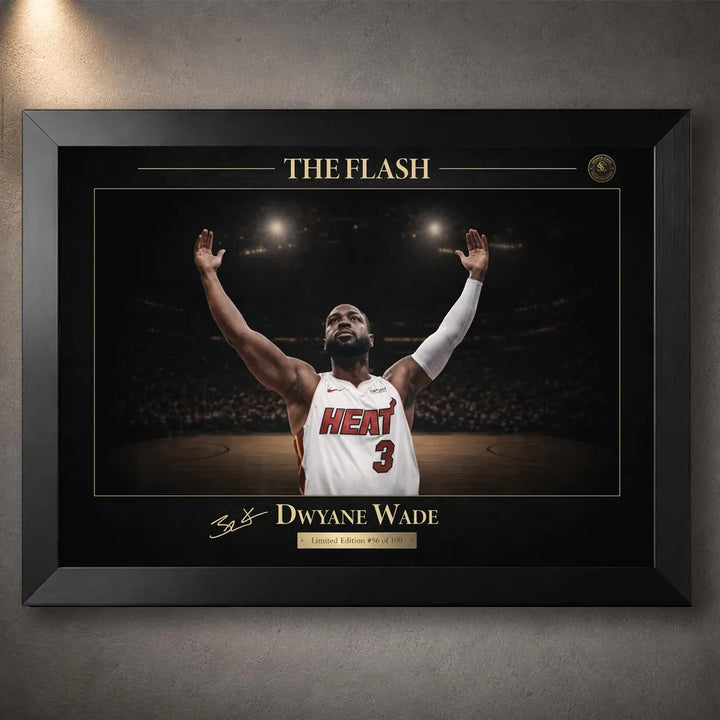 Black framed basketball wall art featuring gold detailing and dramatic arena lighting.