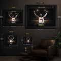 Framed basketball wall art size guide showing small, medium, large and extra large frame options.
