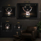Framed basketball wall art size guide showing small, medium, large and extra large frame options.