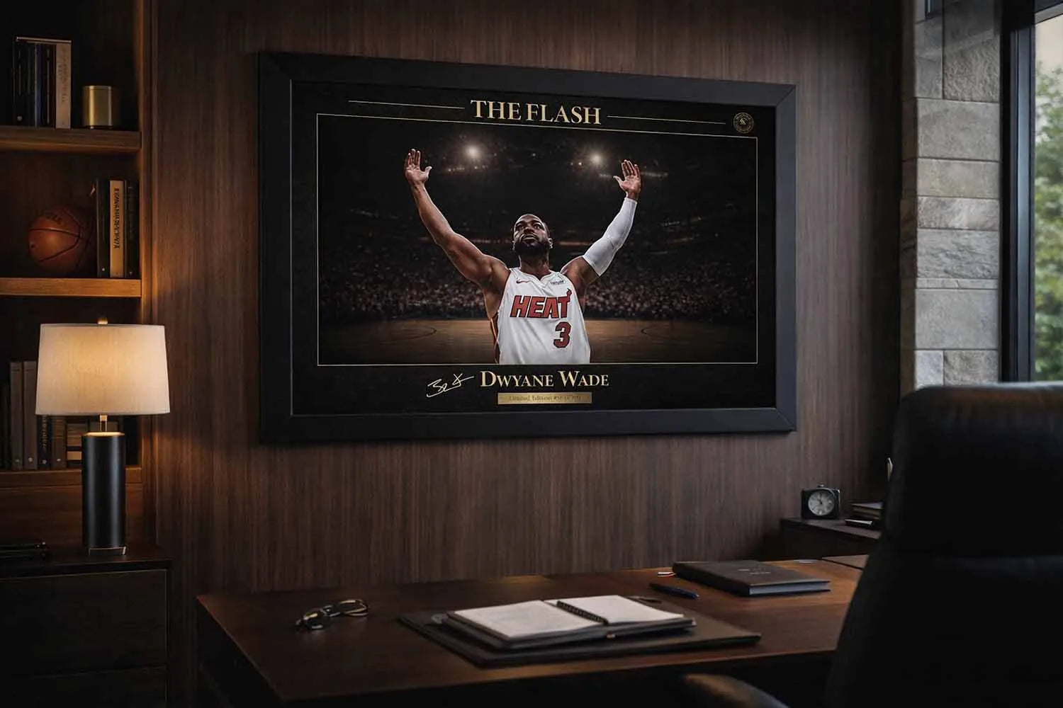 Framed Dwyane Wade NBA sports wall art displayed in refined home office with warm lighting.