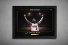 Dwyane Wade “The Flash” NBA sports wall art in sleek black frame with gold detailing and arena backdrop.