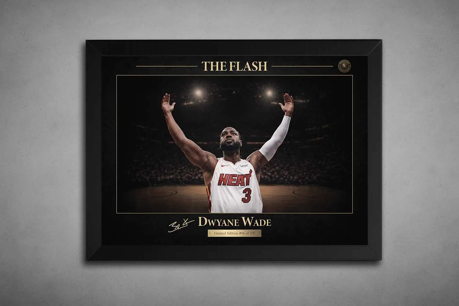 Dwyane Wade “The Flash” NBA sports wall art in sleek black frame with gold detailing and arena backdrop.