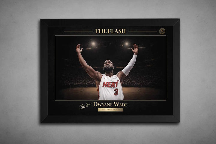 Dwyane Wade “The Flash” NBA sports wall art in sleek black frame with gold detailing and arena backdrop.