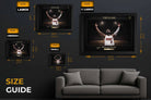 Dwyane Wade framed sports memorabilia size guide showing small, medium, large and extra large options.