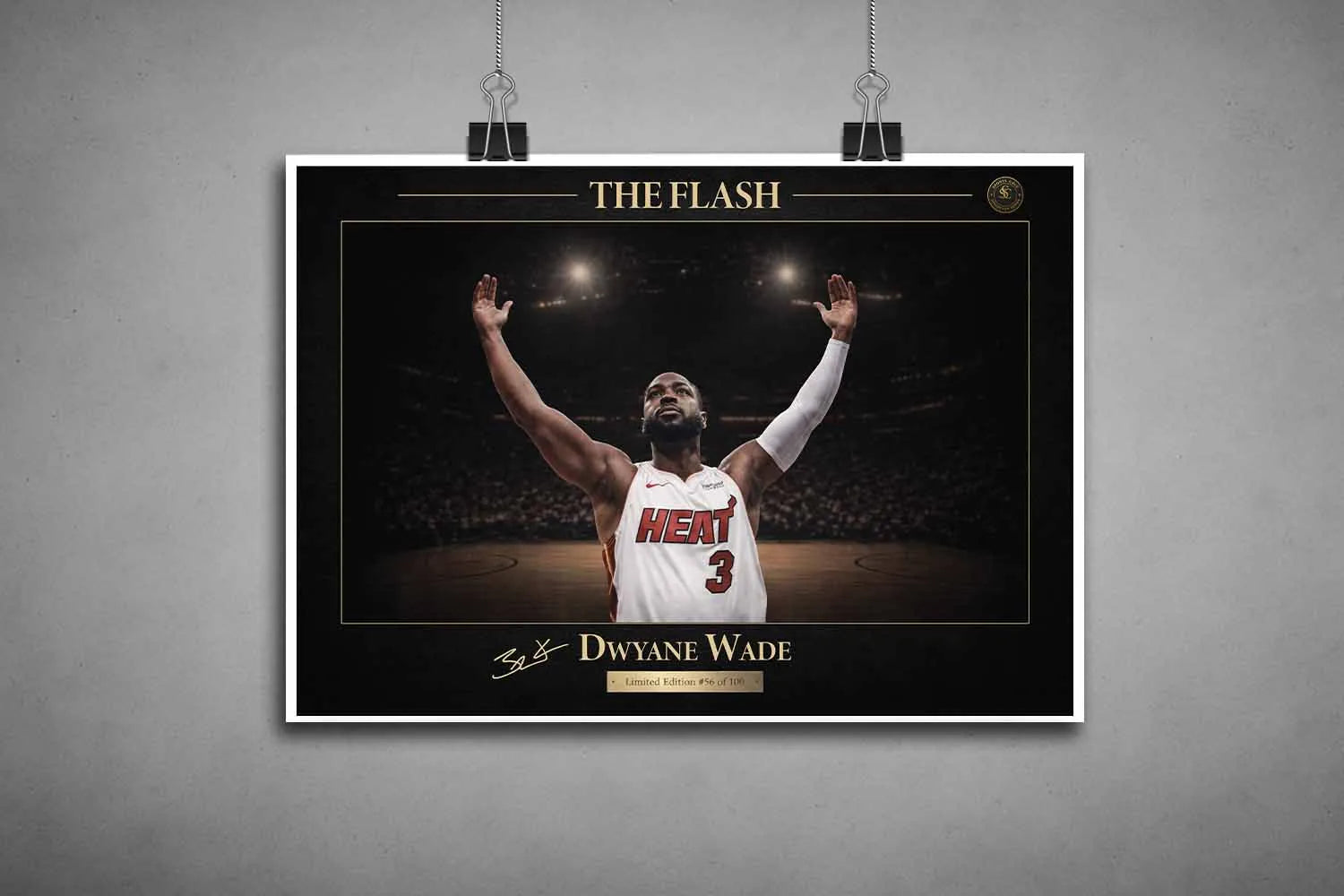 Unframed Dwyane Wade NBA sports art print with gold typography and dramatic arena background.
