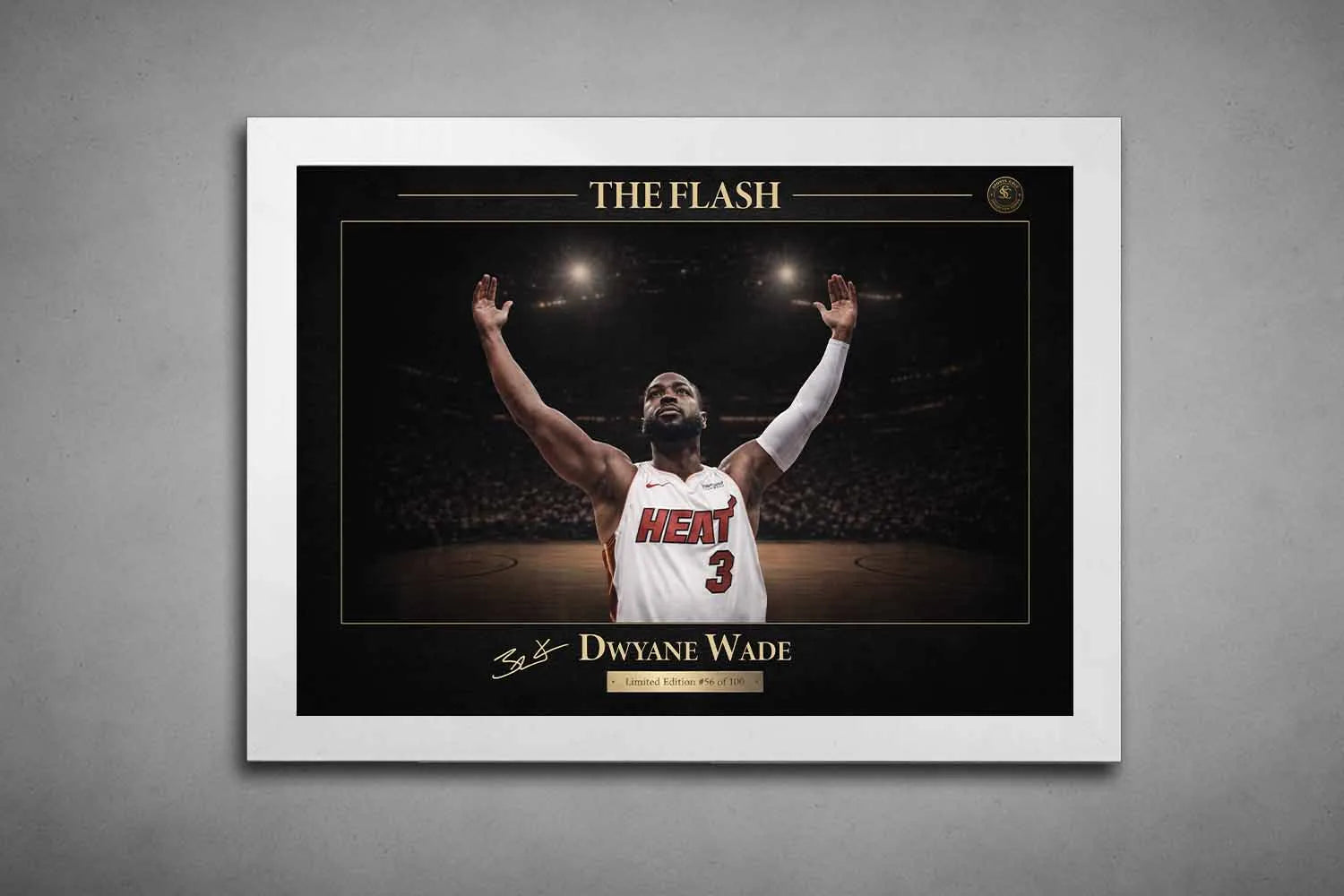 White-framed Dwyane Wade sports wall art showcasing “The Flash” limited edition arena scene.