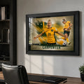 Ellie Carpenter Matildas soccer wall art displayed in a modern office above a timber desk in a black frame.