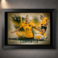Black framed Ellie Carpenter Matildas soccer wall art featuring her number 21 celebration and an action pose.