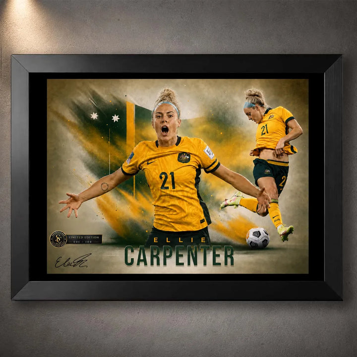 Black framed Ellie Carpenter Matildas soccer wall art featuring her number 21 celebration and an action pose.