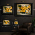Ellie Carpenter wall art size guide showing Small, Medium, Large and XL framed dimensions in centimetres and inches.