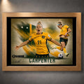 Oak framed Ellie Carpenter Matildas soccer wall art featuring her number 21 celebration and football action.