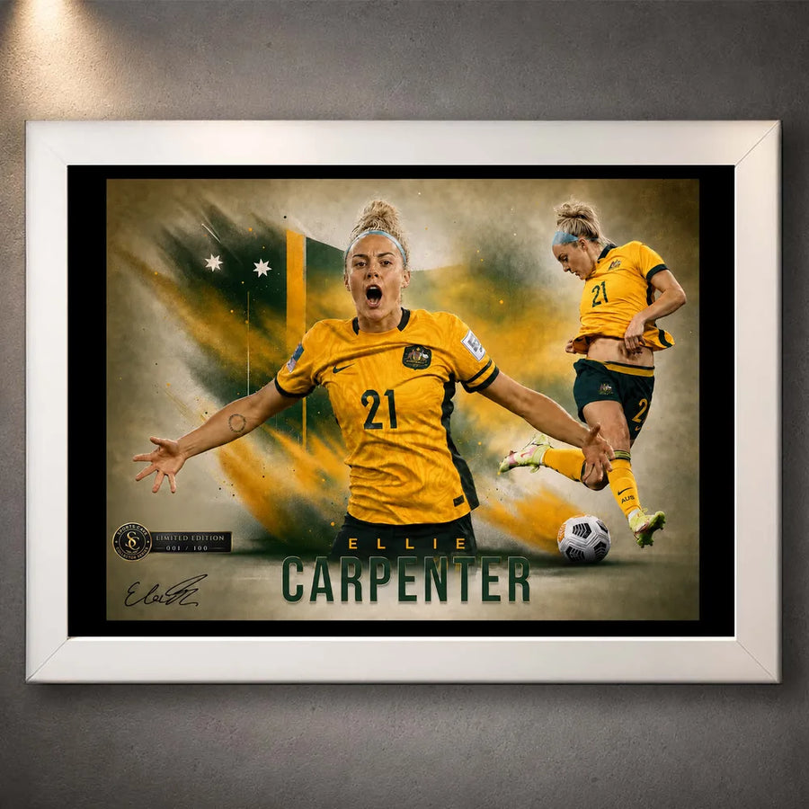 White framed Ellie Carpenter Matildas soccer wall art featuring her number 21 celebration and football action.