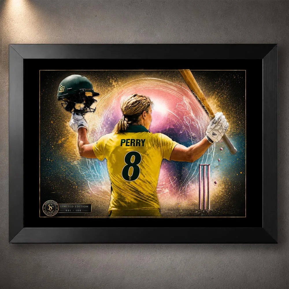 Ellyse Perry cricket wall art in a premium black frame, a limited edition sports print for Australian cricket fans.