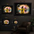 Ellyse Perry framed cricket wall art size guide showing small, medium, large and extra-large display options.