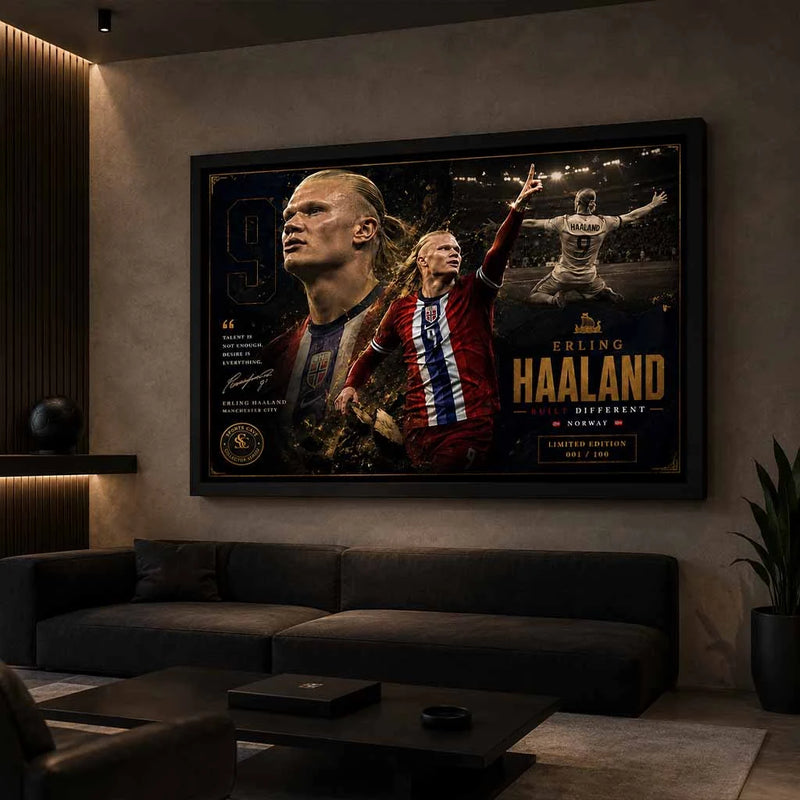 Erling Haaland sports wall art displayed in a luxury man cave wall décor setup with cinematic lighting.