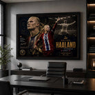 Premium Erling Haaland framed sports art showcased in a modern office with football-inspired interiors.
