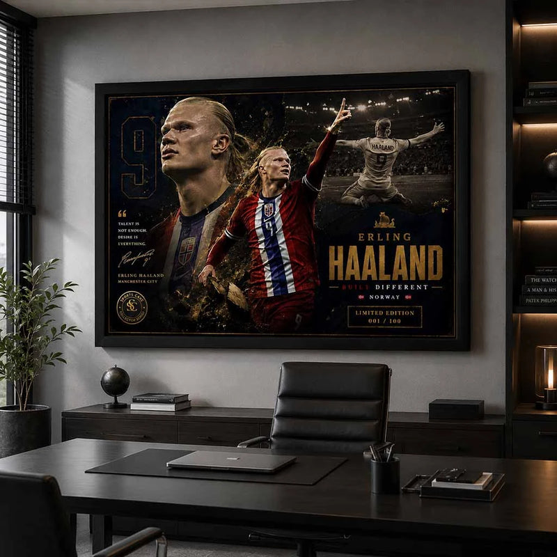 Premium Erling Haaland framed sports art showcased in a modern office with football-inspired interiors.