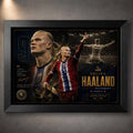 Erling Haaland Manchester City sports wall art in a sleek black frame with bold limited edition styling.