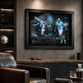 Black framed Erling Haaland Manchester City wall art shown in a dark man cave with sports memorabilia.
