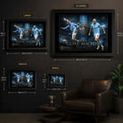 Erling Haaland Manchester City wall art size guide comparing S, M, L and XL framed print dimensions.