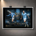 Unframed Erling Haaland Manchester City wall art print clipped against a grey wall display.