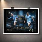 Unframed Erling Haaland Manchester City wall art print clipped against a grey wall display.