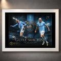 White framed Erling Haaland Manchester City wall art featuring The Goal Machine football artwork.