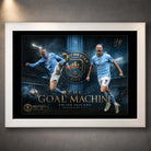 White framed Erling Haaland Manchester City wall art featuring The Goal Machine football artwork.