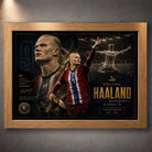 Erling Haaland premium sports collectibles artwork showcased in an elegant oak wood frame design.