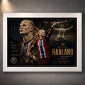 Erling Haaland Manchester City framed sports art in a white frame celebrating Norway’s elite football striker.
