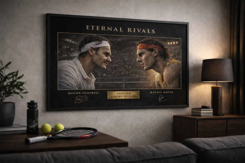 Eternal Rivals Federer vs Nadal tennis wall art displayed in a modern man cave interior as bold man cave wall décor.