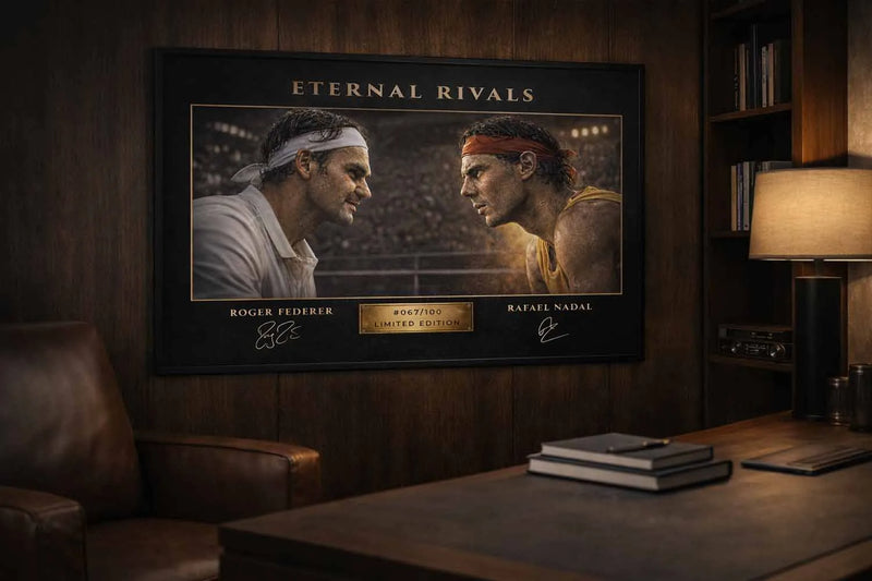 Eternal Rivals Federer vs Nadal tennis artwork styled in a premium home office, showcasing elegant premium sports collectibles.