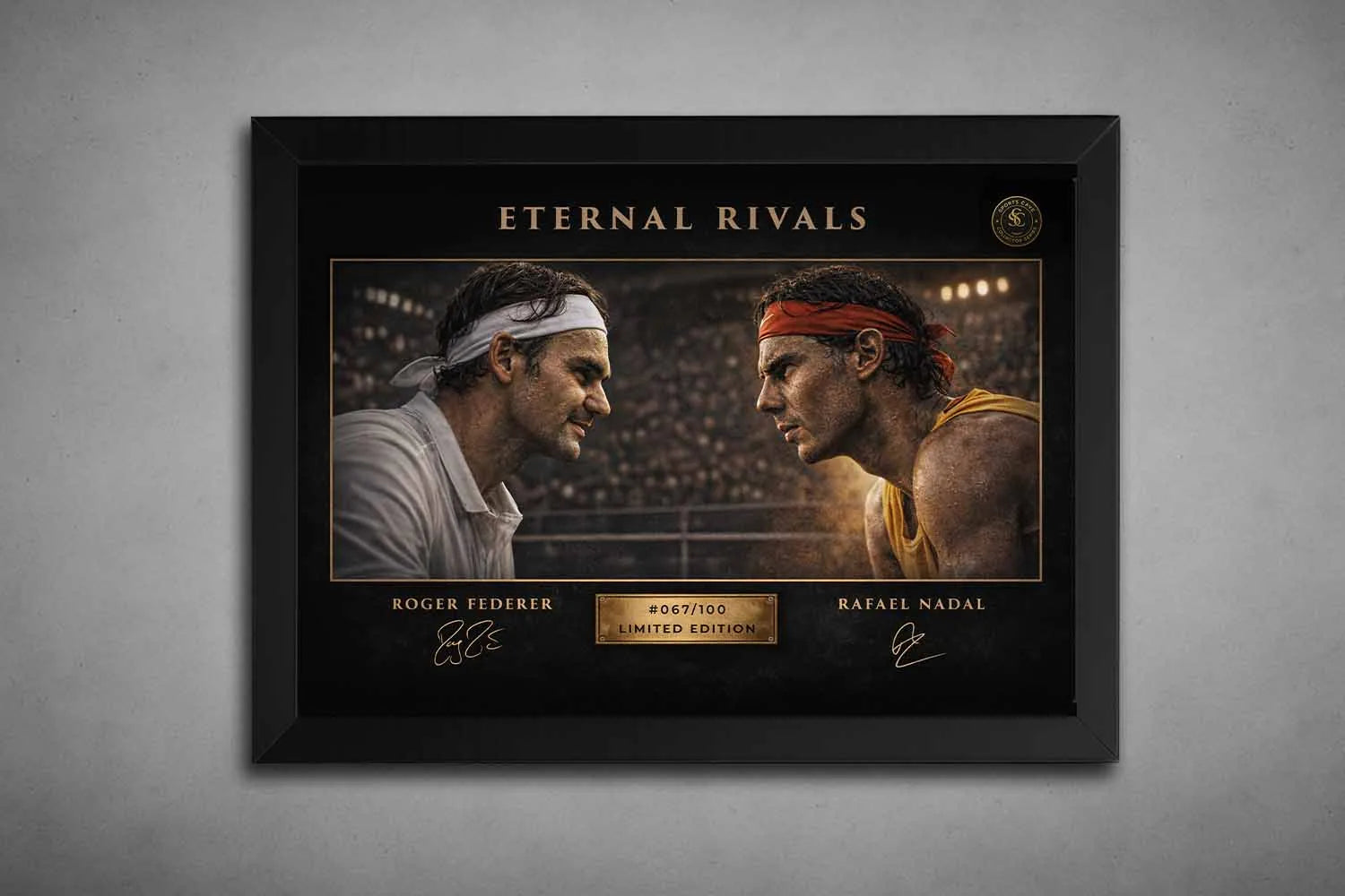 Black framed Eternal Rivals Federer vs Nadal tennis artwork shown head-to-head, premium finish designed as framed sports art.