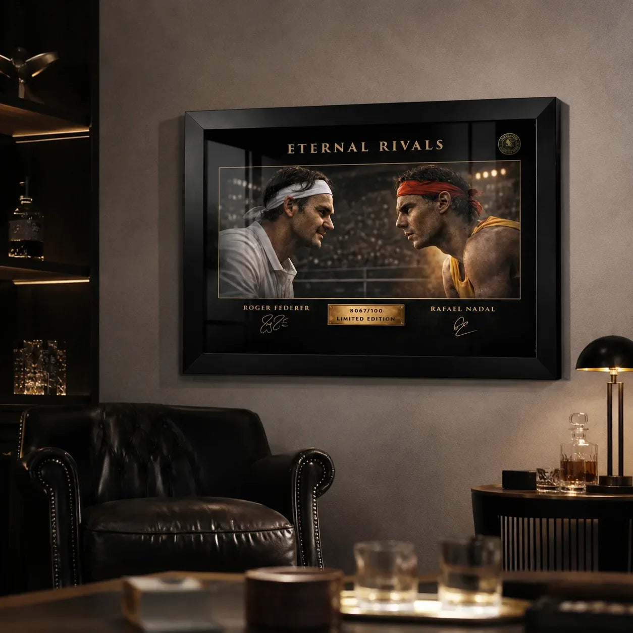 Federer vs Nadal Eternal Rivals artwork displayed in a moody man cave, bold man cave wall décor for tennis fans.