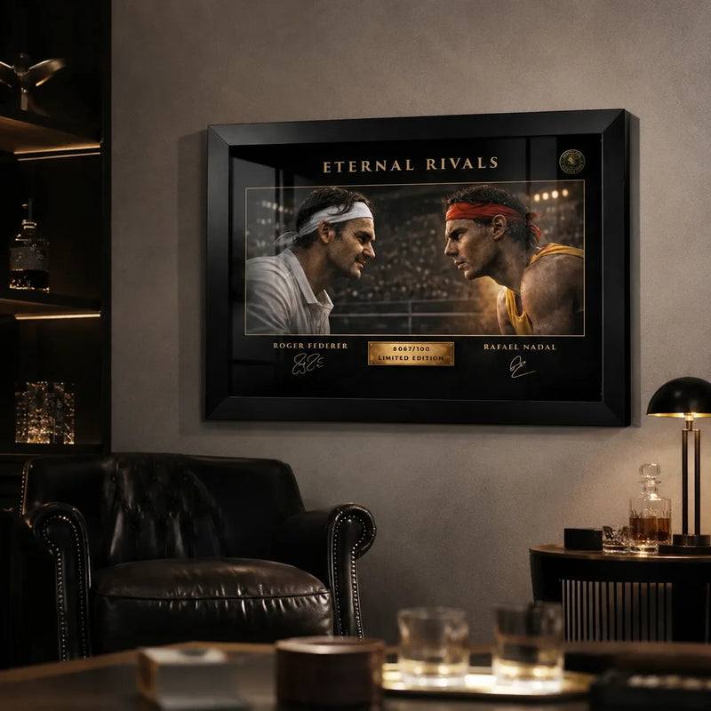Federer vs Nadal Eternal Rivals artwork displayed in a moody man cave, bold man cave wall décor for tennis fans.