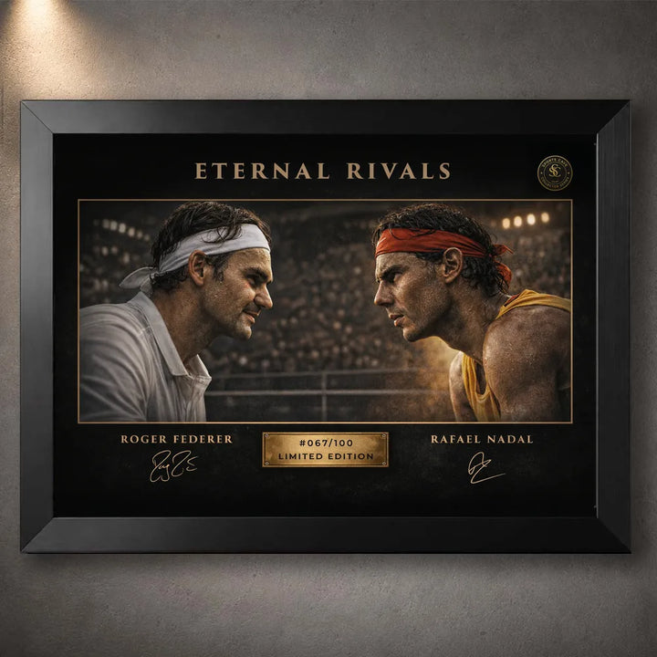 Black framed Federer vs Nadal Eternal Rivals tennis wall art, a premium framed sports art tribute to an iconic rivalry.