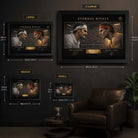 Federer vs Nadal tennis wall art size guide showing framed sports art options from small to extra large.