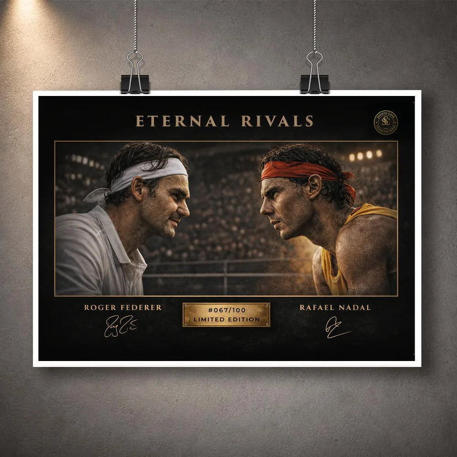 Unframed Federer vs Nadal Eternal Rivals tennis art print, limited edition sports prints made for true fans.