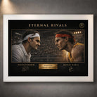White framed Federer vs Nadal Eternal Rivals tennis artwork, clean sports wall art for modern collector spaces.