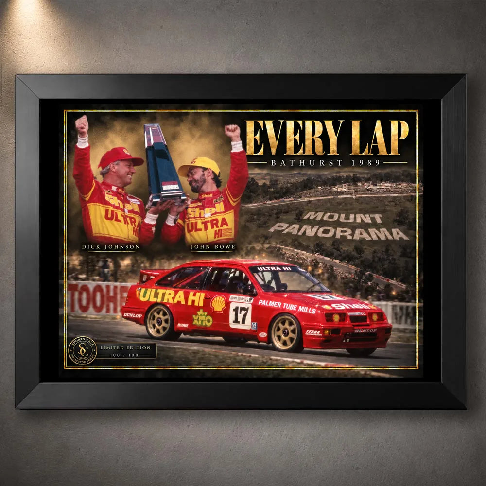 Black framed Dick Johnson and John Bowe Bathurst wall art featuring the Every Lap motorsport tribute and red No. 17 race car.