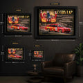 Dick Johnson and John Bowe Every Lap wall art size guide showing Small, Medium, Large and XL framed dimensions.