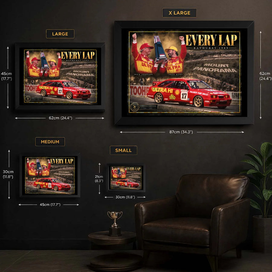 Dick Johnson and John Bowe Every Lap wall art size guide showing Small, Medium, Large and XL framed dimensions.