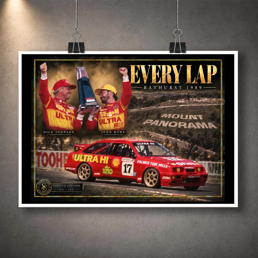 Unframed Dick Johnson and John Bowe Every Lap Bathurst wall art print shown against a dark display wall.