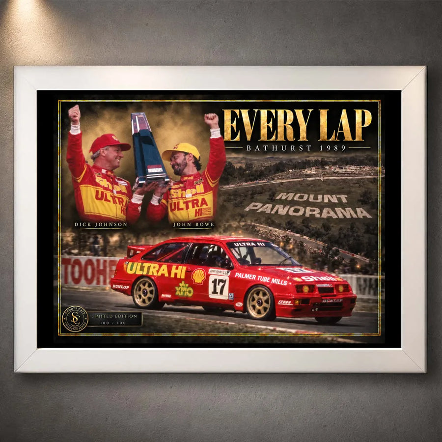 White framed Dick Johnson and John Bowe Every Lap motorsport wall art featuring the red No. 17 Bathurst tribute design.