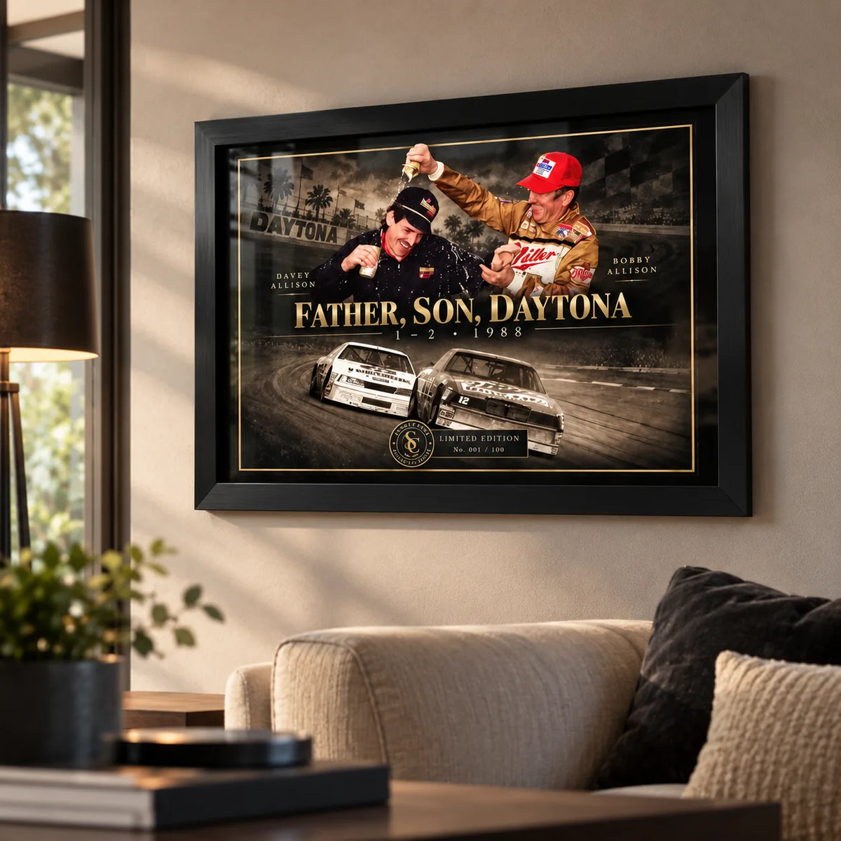 Bobby and Davey Allison Daytona wall art in a living room with a black frame.