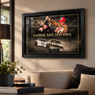 Bobby and Davey Allison Daytona wall art in a living room with a black frame.