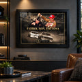 Bobby and Davey Allison Daytona wall art displayed in a dark motorsport-inspired man cave with a black frame.