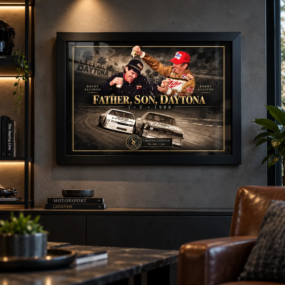 Bobby and Davey Allison Daytona wall art displayed in a dark motorsport-inspired man cave with a black frame.