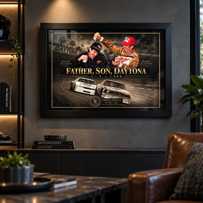 Bobby and Davey Allison Daytona wall art displayed in a dark motorsport-inspired man cave with a black frame.