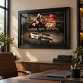 Bobby and Davey Allison NASCAR wall art displayed in a warm modern office setting with a black frame.